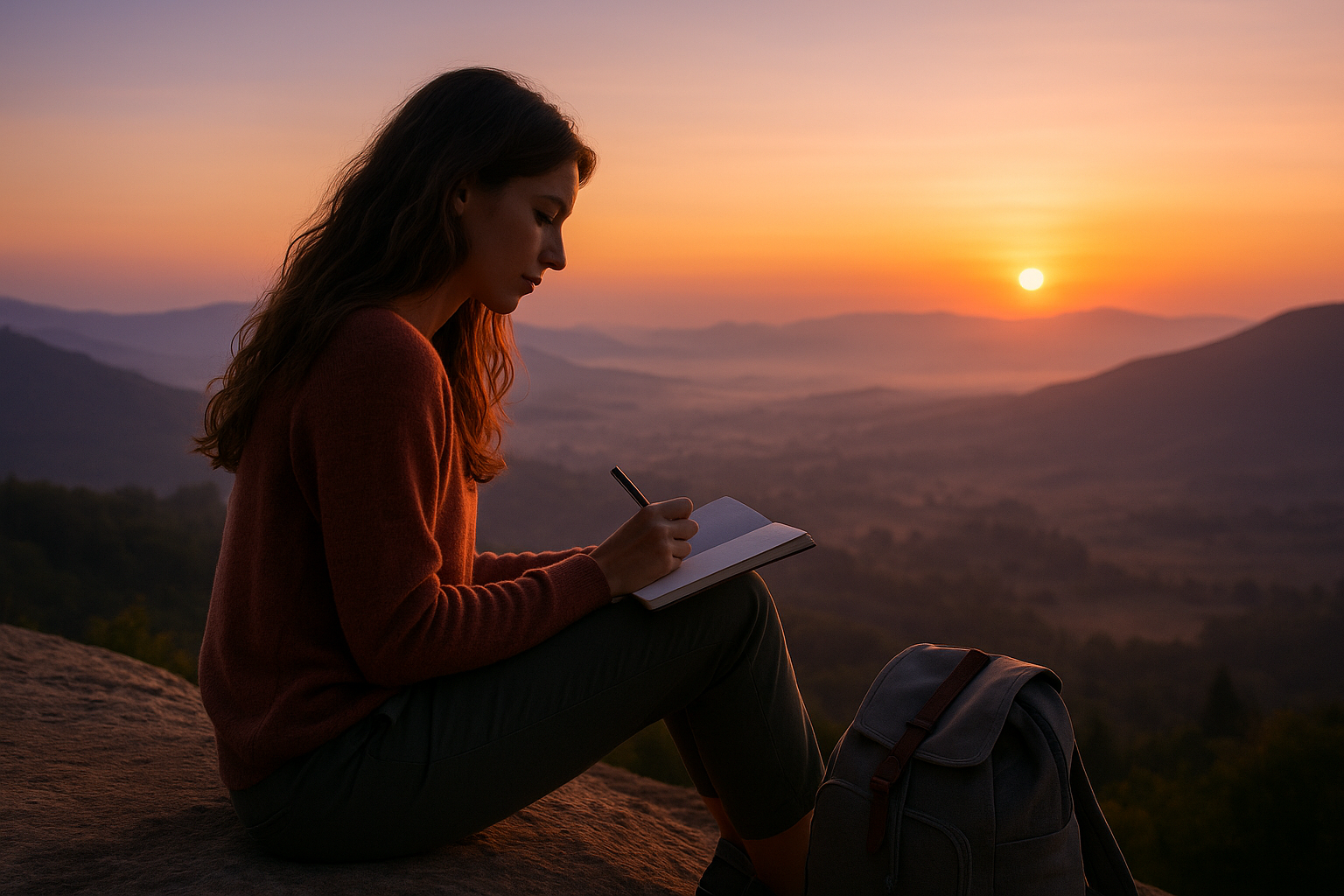 A young woman with wavy brown hair gazes at a scenic mountain lake while wearing a backpack, symbolizing solo travel and freedom.