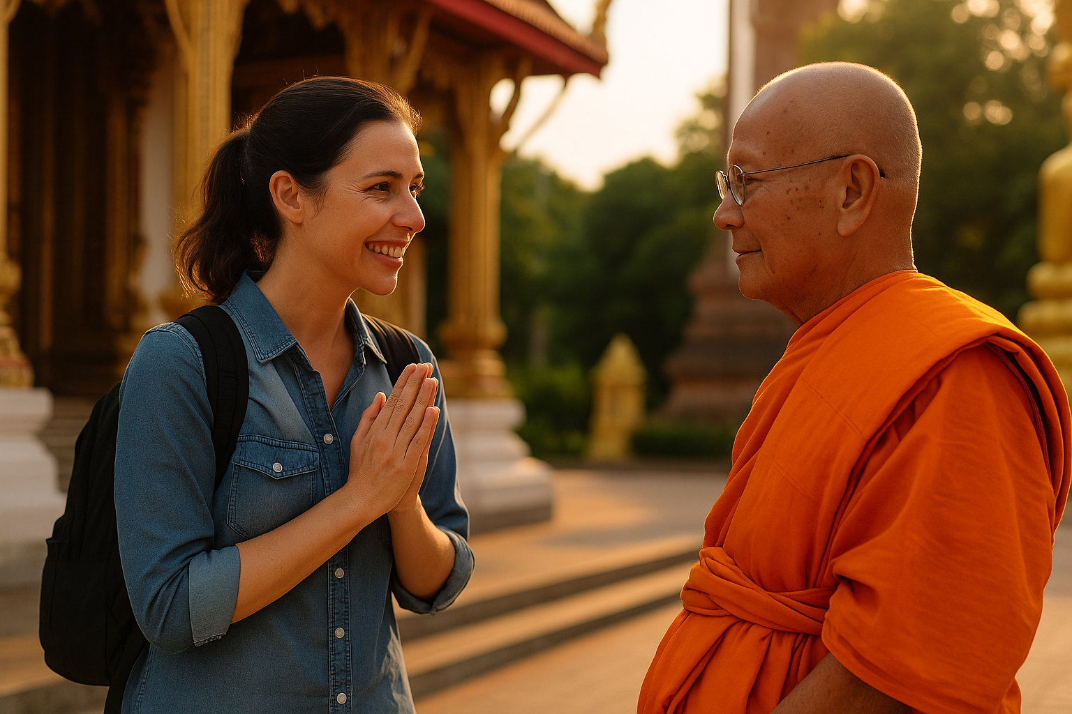 Young female traveler respectfully greeting a Buddhist monk in Thailand with a traditional wai gesture, in front of a golden temple.