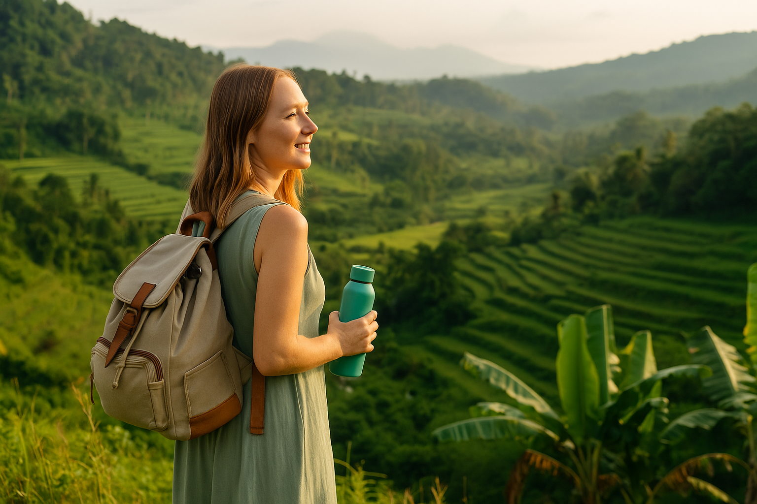 Young woman wearing a green dress and backpack, holding a reusable bottle while overlooking lush green rice terraces in the late afternoon sun.