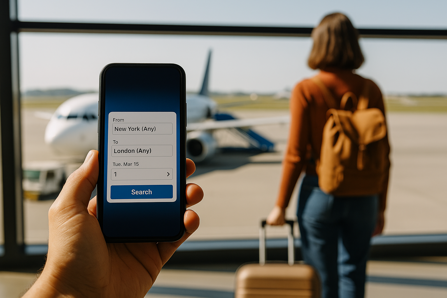 Hand holding a smartphone showing a flight search from New York to London, with a plane and a female traveler in the background at the airport.