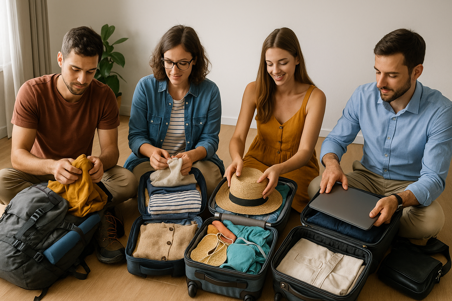 Four light-skinned individuals organizing their luggage for different types of trips, sitting on the floor of a bright room.