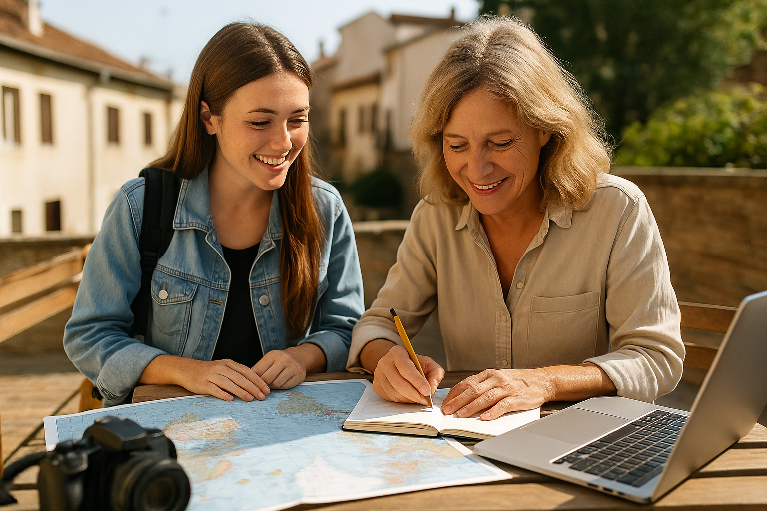 Two women planning a long-term trip together at a sunny outdoor table with a map, notebook, and laptop.