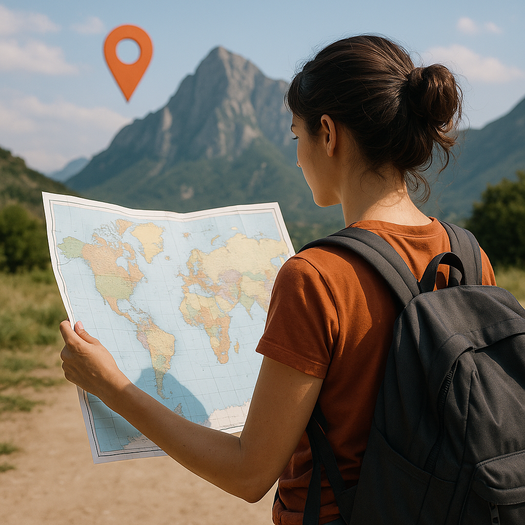 A young woman with a backpack studies a world map while standing on a dirt trail, with a majestic mountain range in the background and a location pin hovering in the sky.