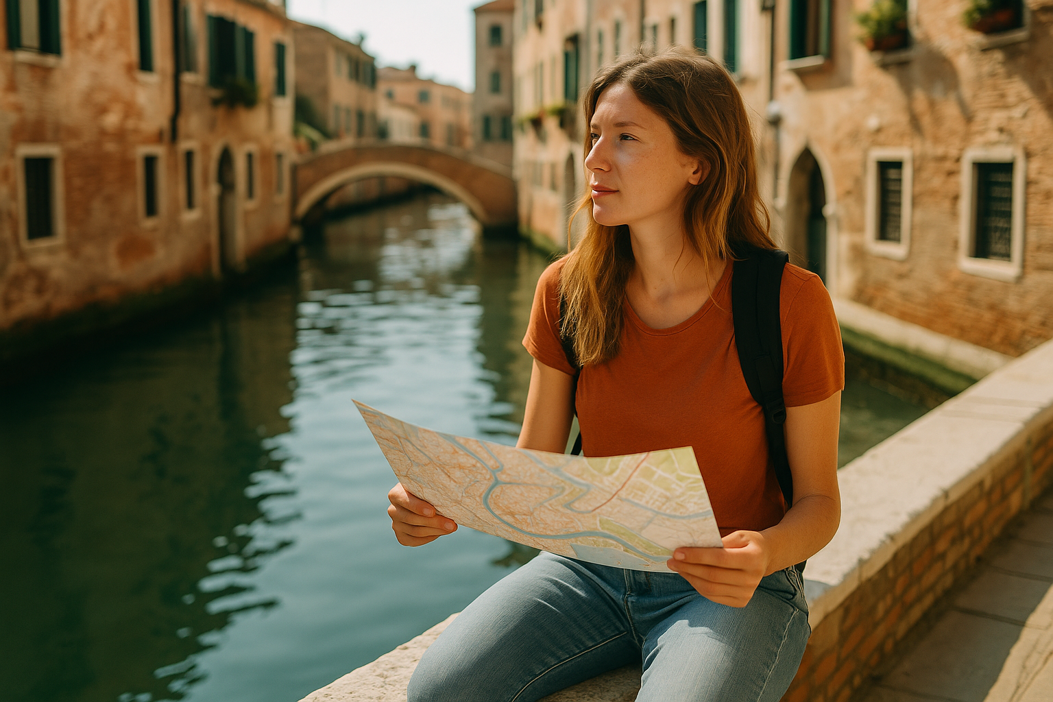 Young female traveler sitting by a canal with a map in hand, enjoying a slow and reflective travel moment.