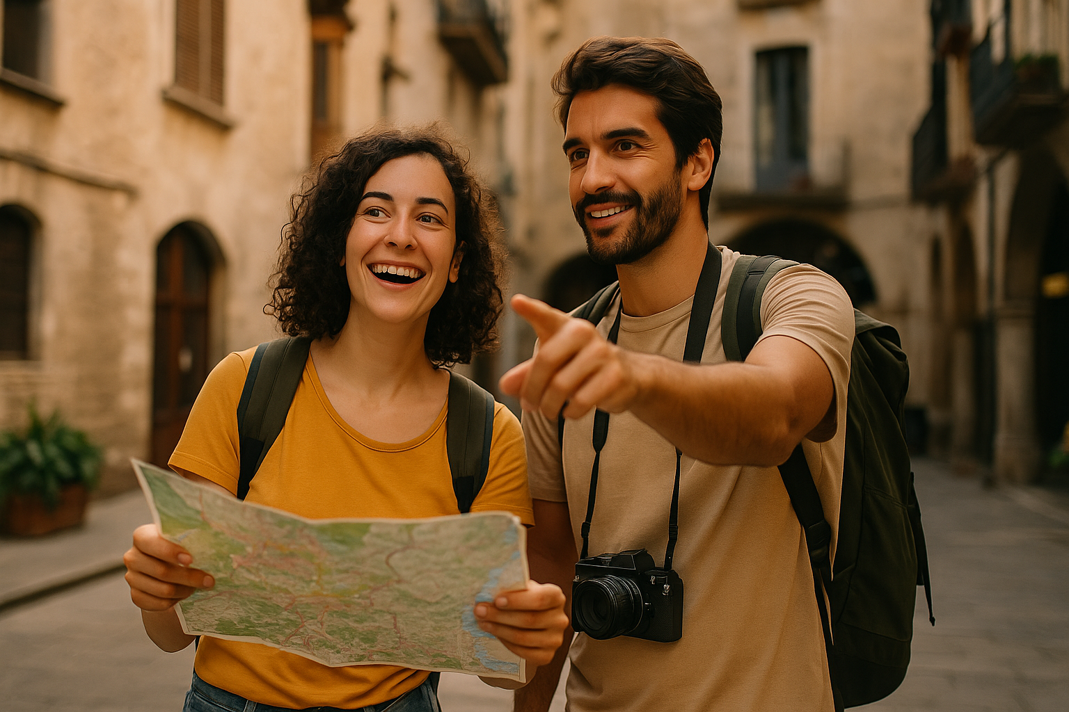 A light-skinned couple explores a historic European city, holding a map and smiling, with the man pointing toward a direction on the cobblestone street.