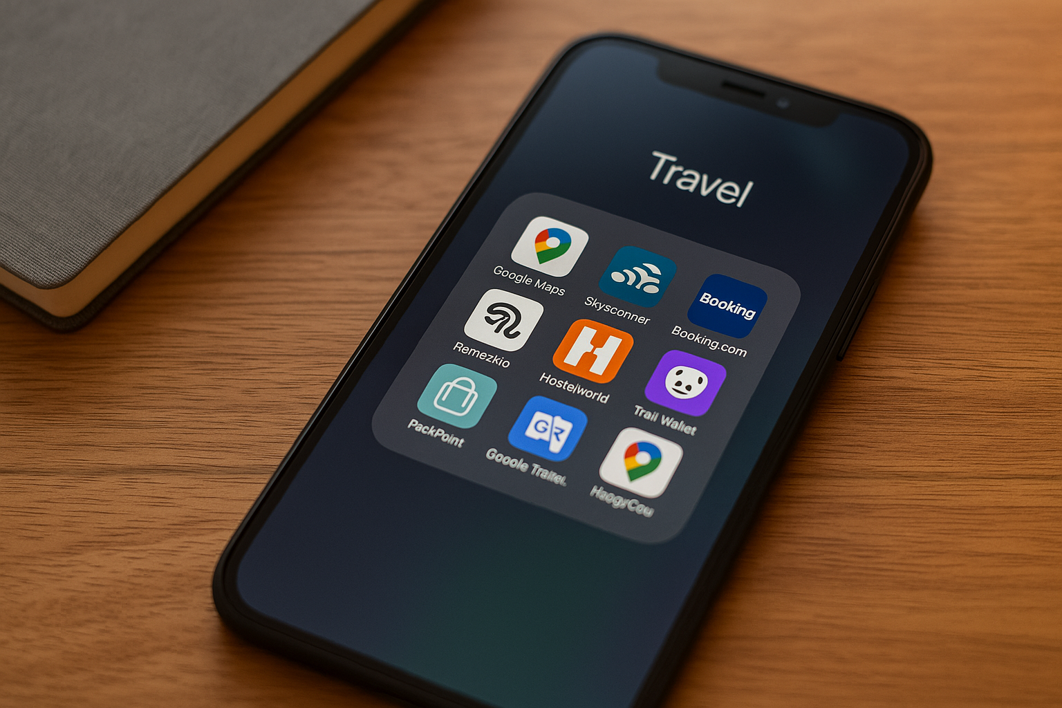 Smartphone displaying a folder of travel apps on a wooden table, including Google Maps, Skyscanner, Booking.com, and more—highlighting tools for budget-conscious travel planning.