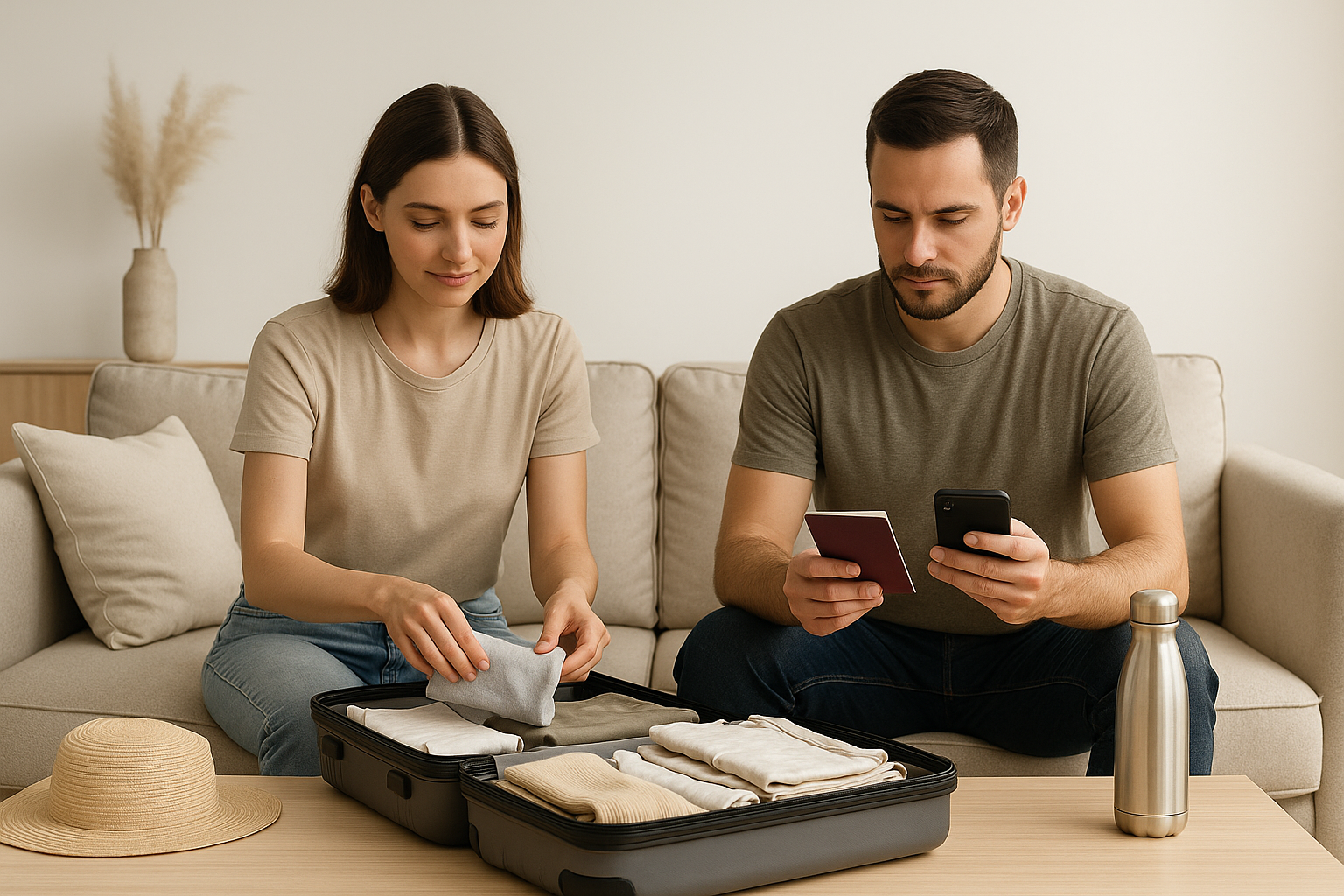 A young couple packing minimalist clothes into a suitcase in a neutral-toned living room.