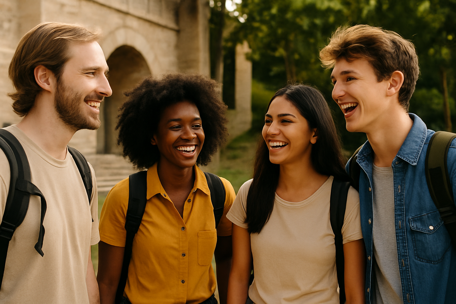 A group of four diverse young travelers smiling and chatting in front of a historic stone archway, surrounded by trees and greenery.