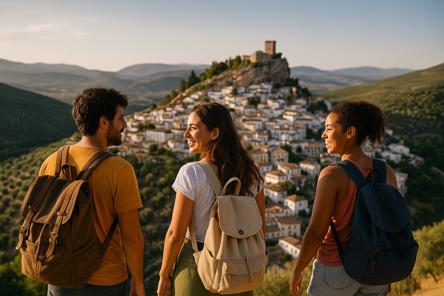Three friends enjoying a scenic viewpoint in a remote destination, taking photos and smiling while surrounded by mountains and natural beauty.