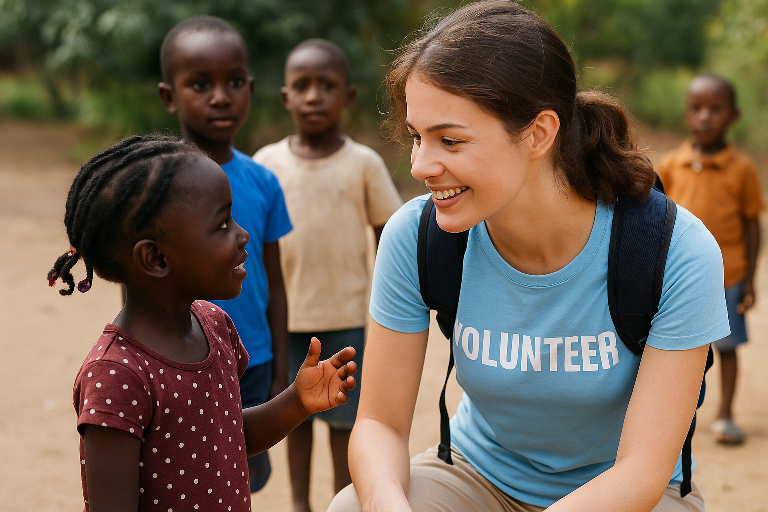 Smiling female volunteer crouching and greeting a young girl in a rural African village, surrounded by children in warm natural light.