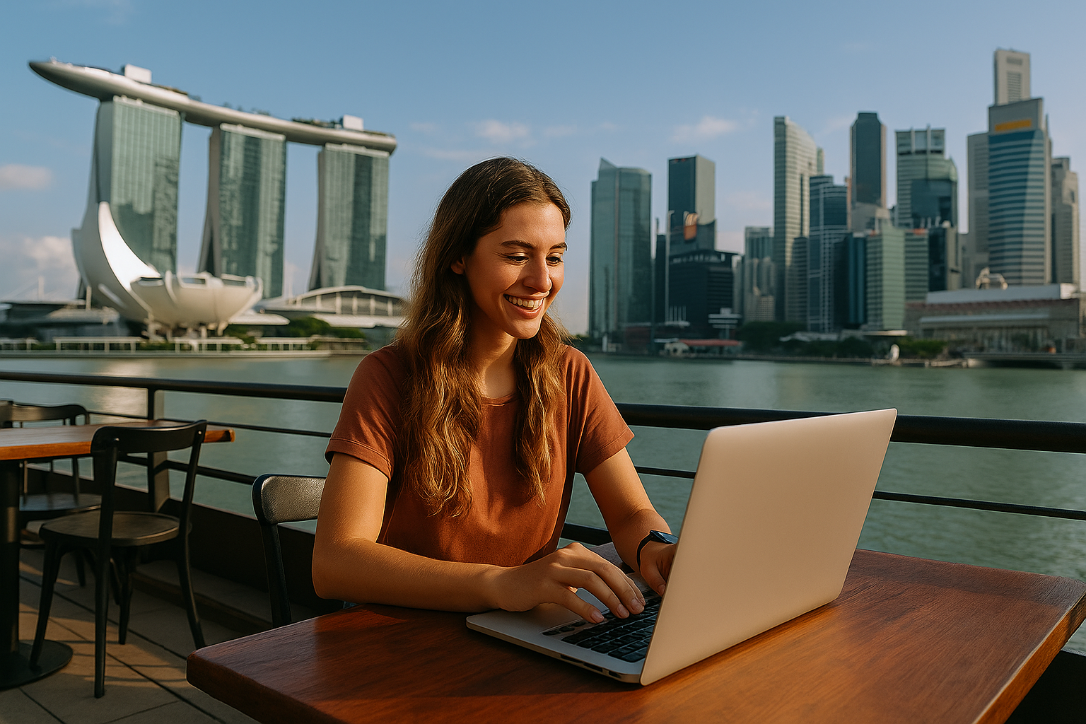 Young digital nomad working on her laptop at a café in Singapore with the Marina Bay skyline behind her