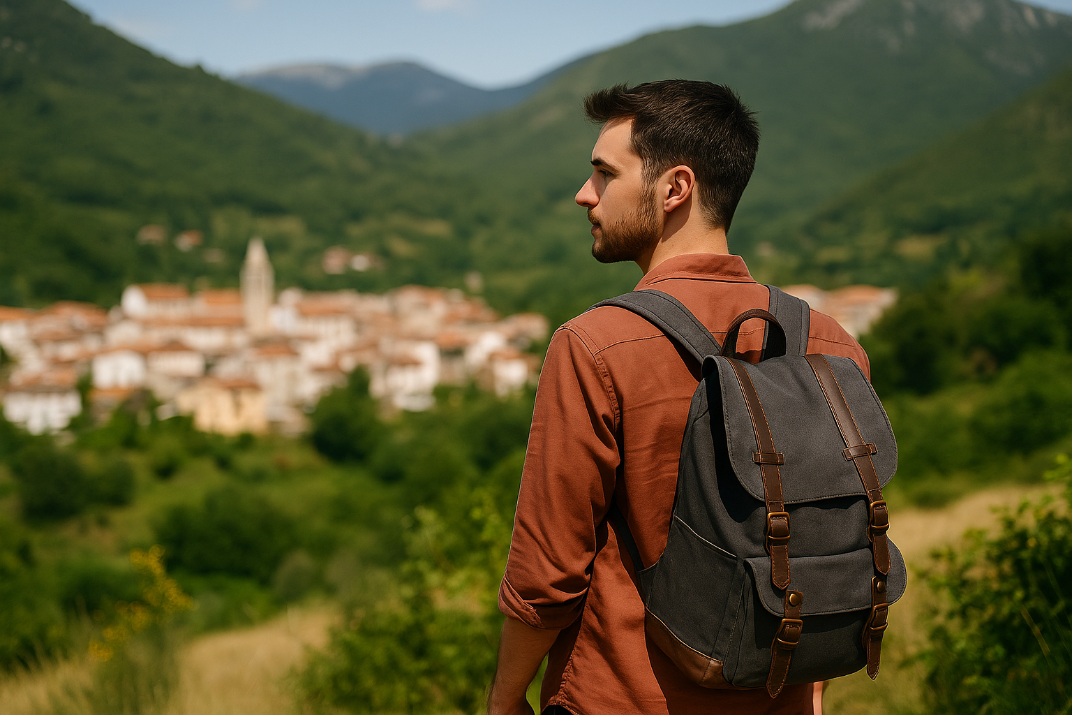 Solo traveler standing on a hillside, overlooking a small European village surrounded by mountains