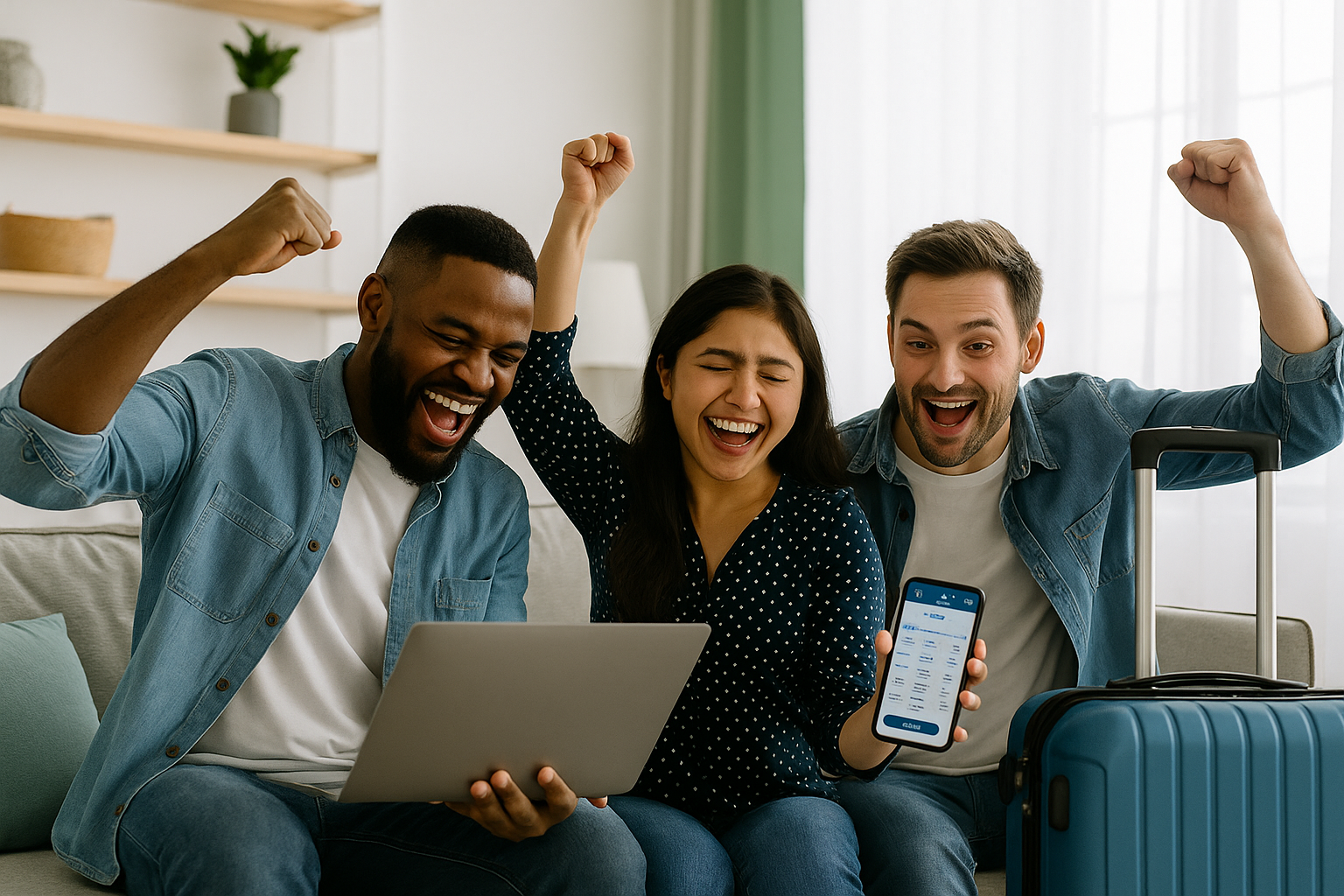 Three diverse travelers celebrating a great deal on a flight and accommodation booking