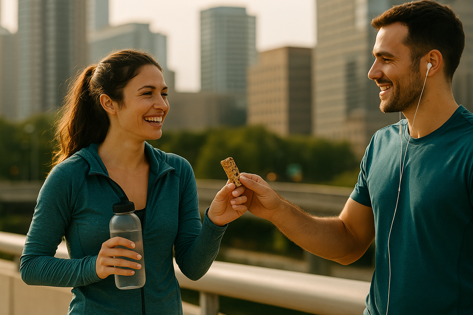 Traveling couple sharing healthy snacks after a run in an urban setting
