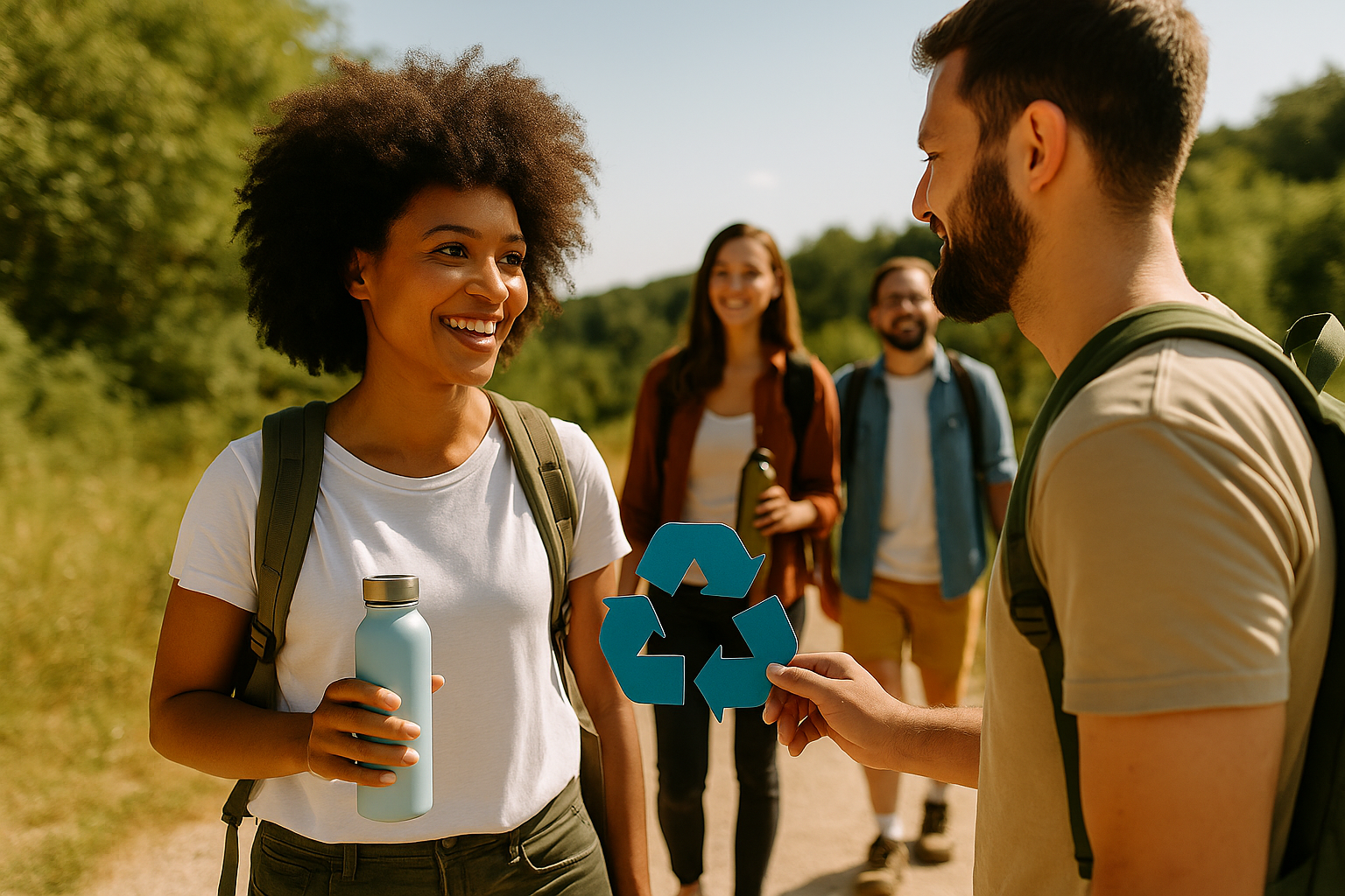 Group of diverse hikers sharing eco-friendly practices on a forest trail