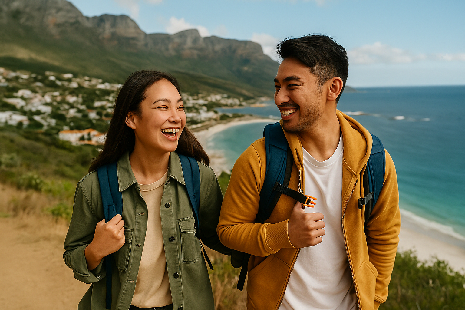Smiling young couple hiking along a coastal trail with a village and mountains in the background