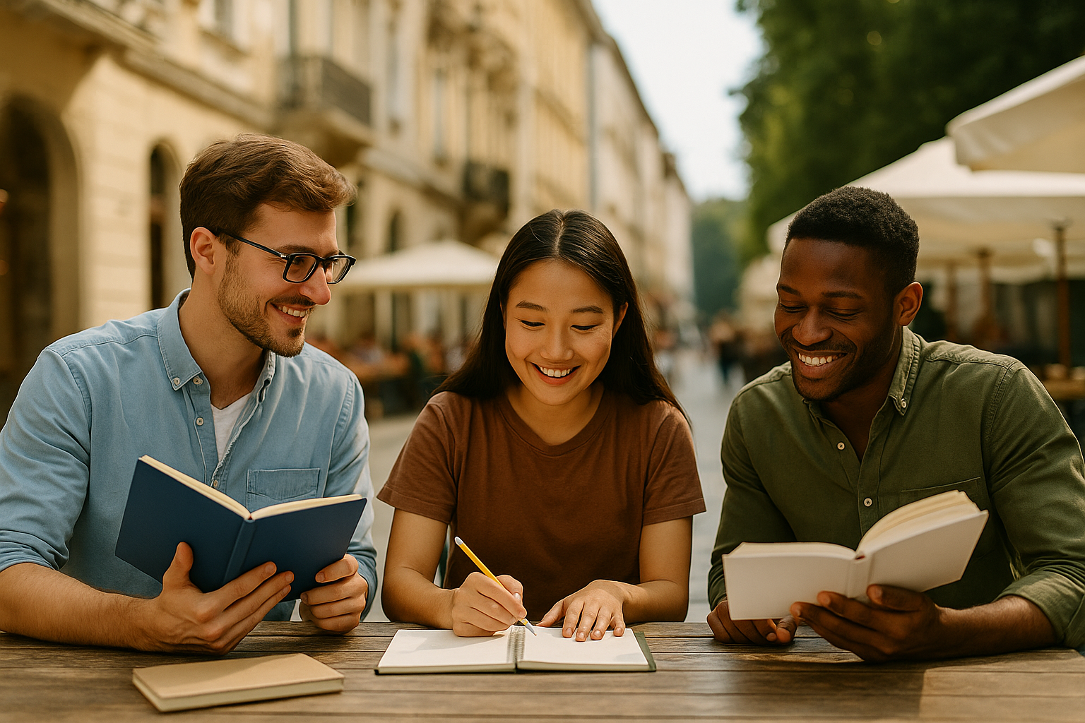 Three diverse young adults learning languages together at an outdoor café.