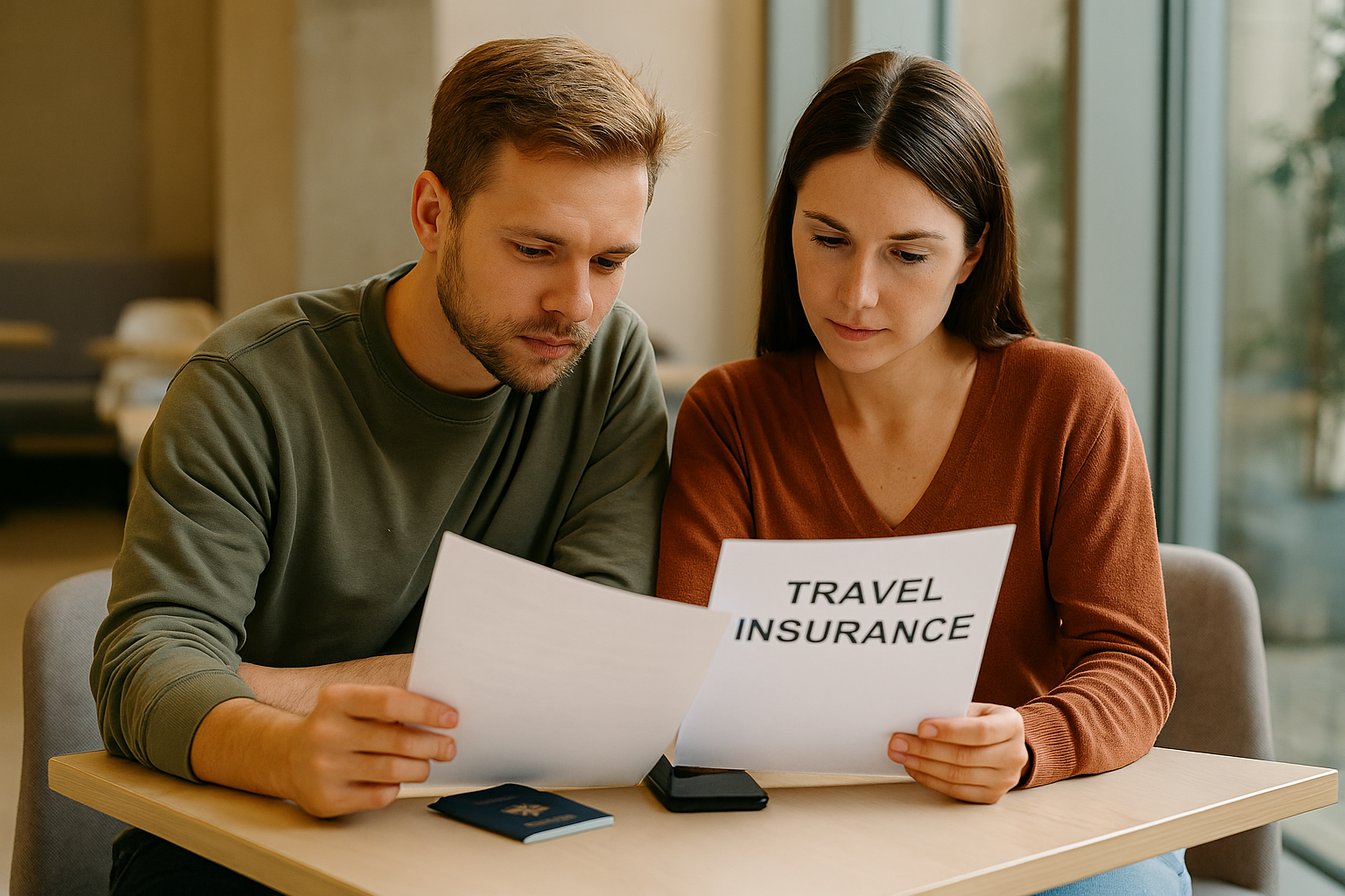 Young couple reviewing travel insurance documents together at the airport