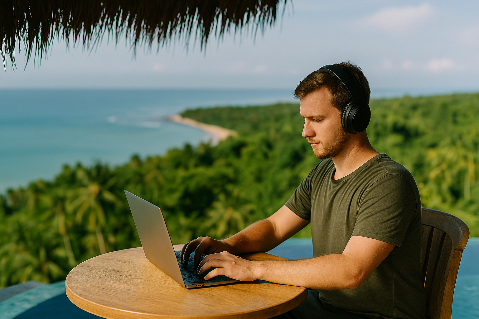 Digital nomad working on a laptop by an infinity pool with a tropical coastal view