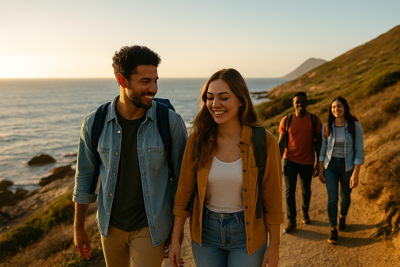Two diverse couples hiking along a scenic coastal trail at sunset